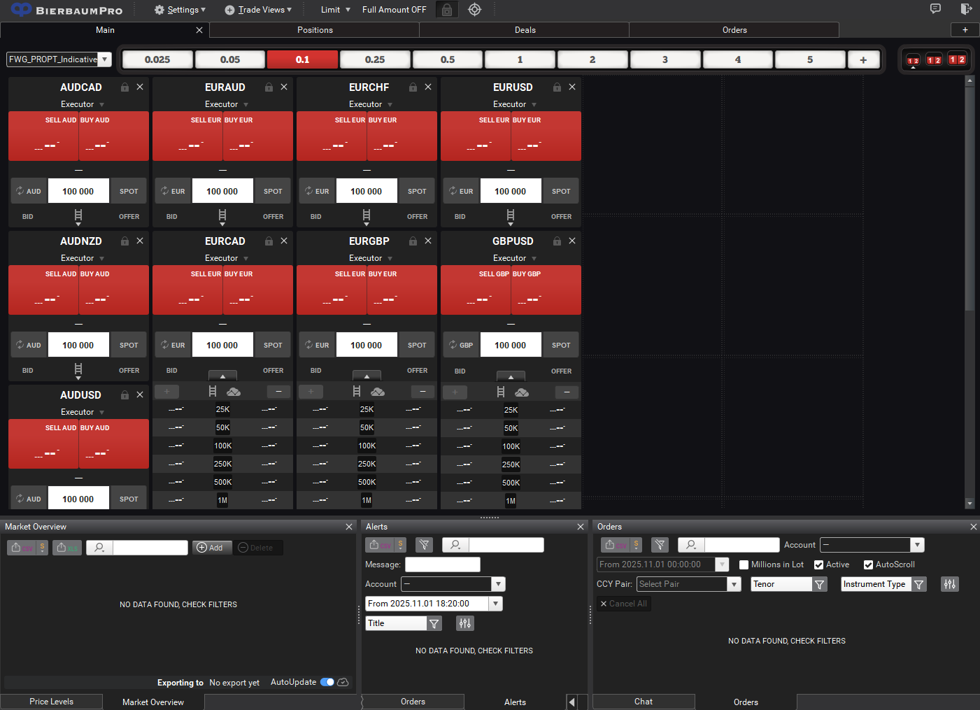 Screenshot of the trader terminal interface showing order tickets and execution controls.